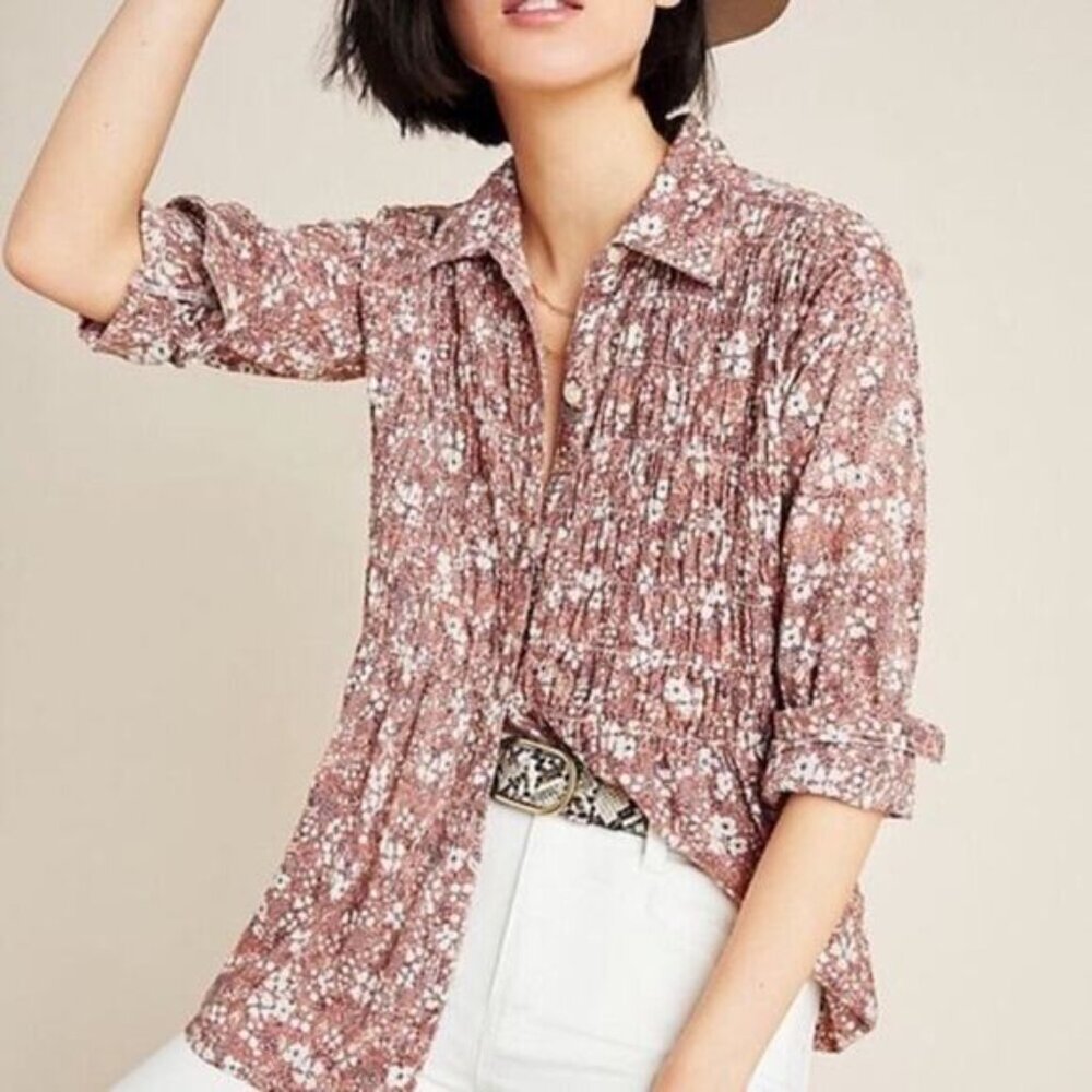 Anthropologie Pilcro Size XS Sasha Smocked Button Down Shirt Oversized Western